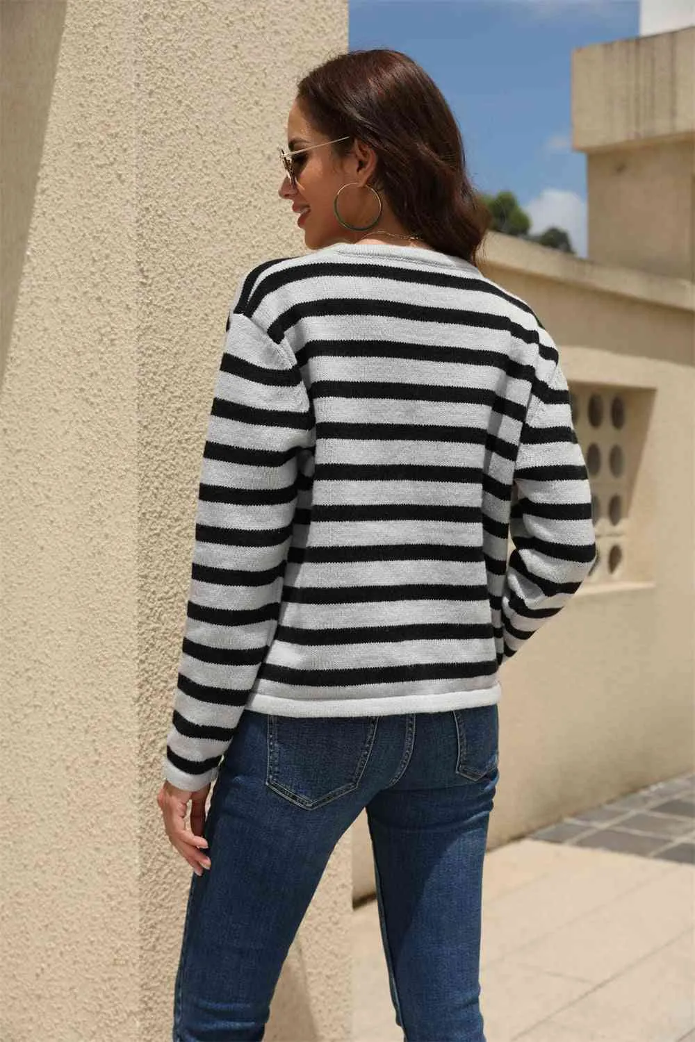 Striped Round Neck Button-Down Dropped Shoulder Cardigan