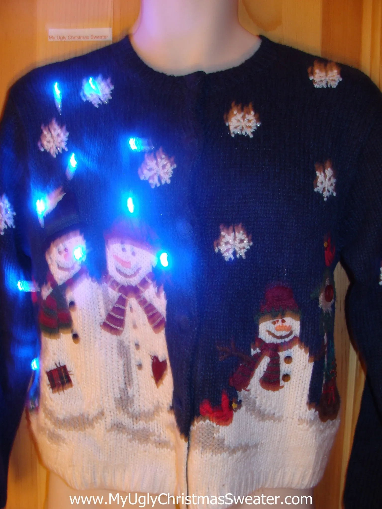 Tacky Blue Light Up Christmas Sweater Snowmen Snowflakes Red Cardinal