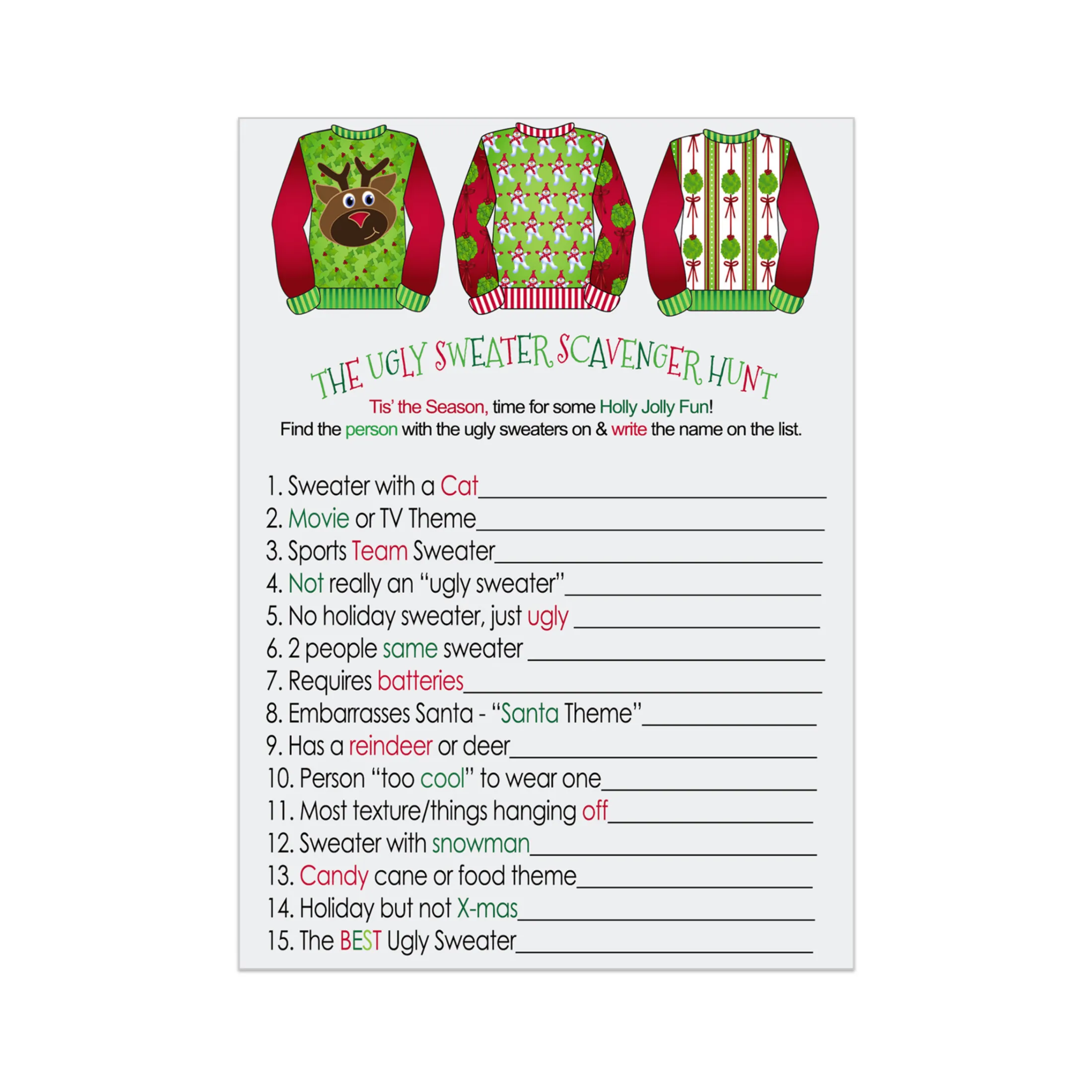 Ugly Sweater Scavenger Game for Christmas Party, Fun Holiday Scavenger Hunt Adults, Festive Fun Activity, 25 Guests, 4x6