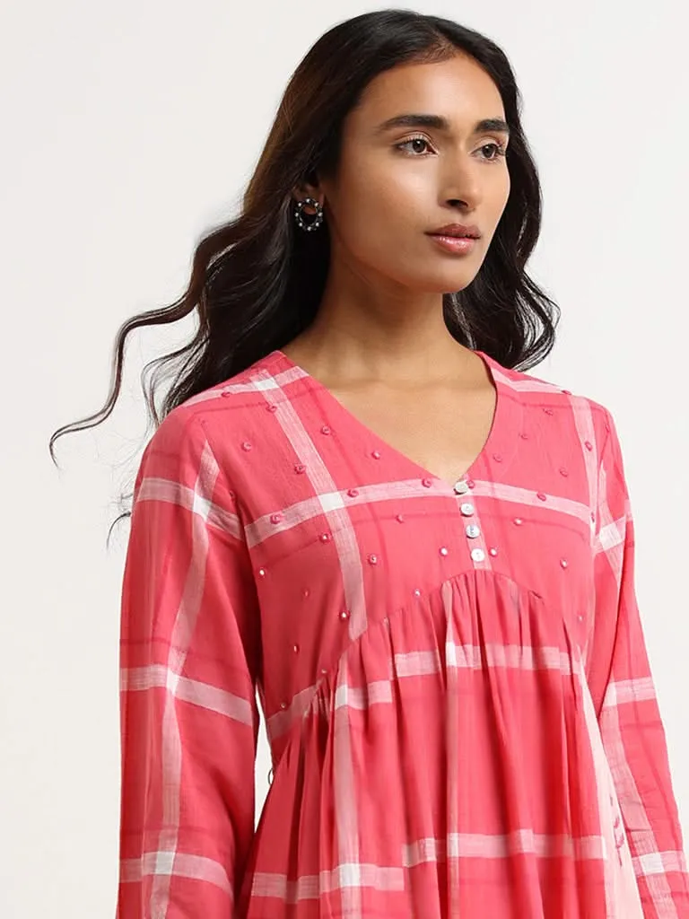 Utsa Pink Checked Cotton Blend Kurta