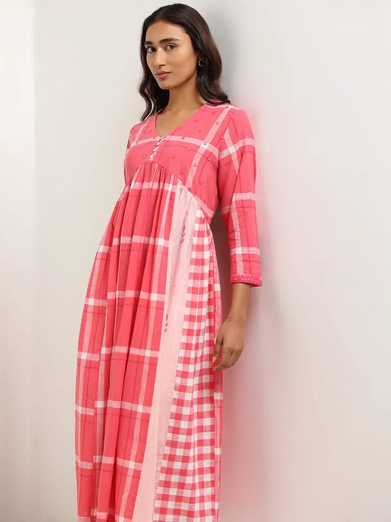 Utsa Pink Checked Cotton Blend Kurta