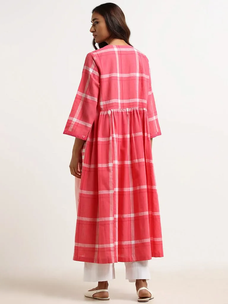 Utsa Pink Checked Cotton Blend Kurta