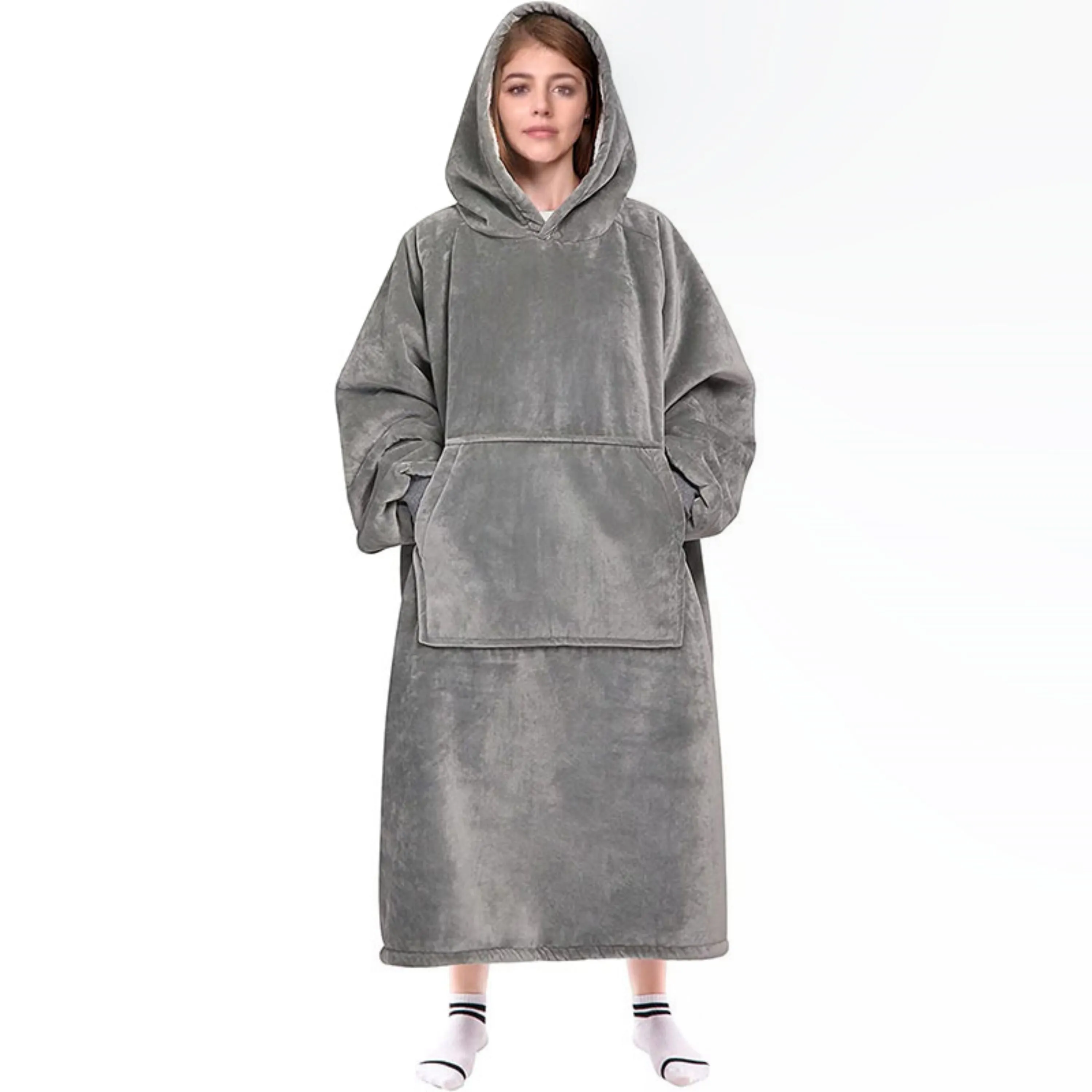 Wearable Blanket Hoodie - 1pc Oversized, Machine Washable, Contemporary Style Hooded Blanket with Pocket - 100% Polyester Flannel, Knitted, No Print Cozy Lounging Robe for Reading, Gaming, Napping, Camping and Outdoor Activities