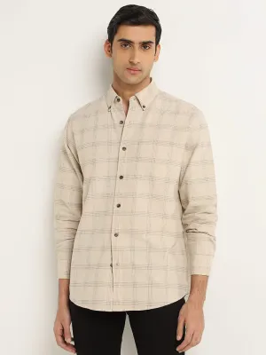 WES Casuals Beige Checked Cotton Relaxed Fit Shirt