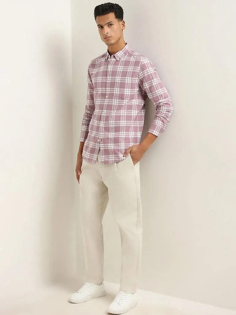 WES Casuals Light Mauve Checked Cotton Blend Slim Fit Shirt