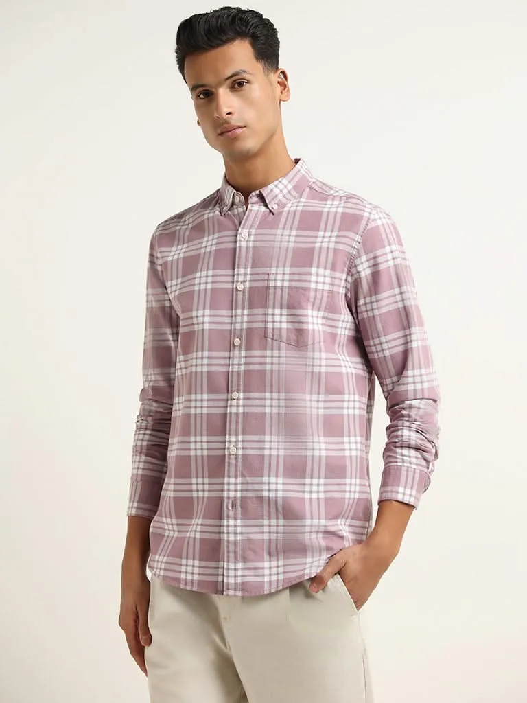 WES Casuals Light Mauve Checked Cotton Blend Slim Fit Shirt