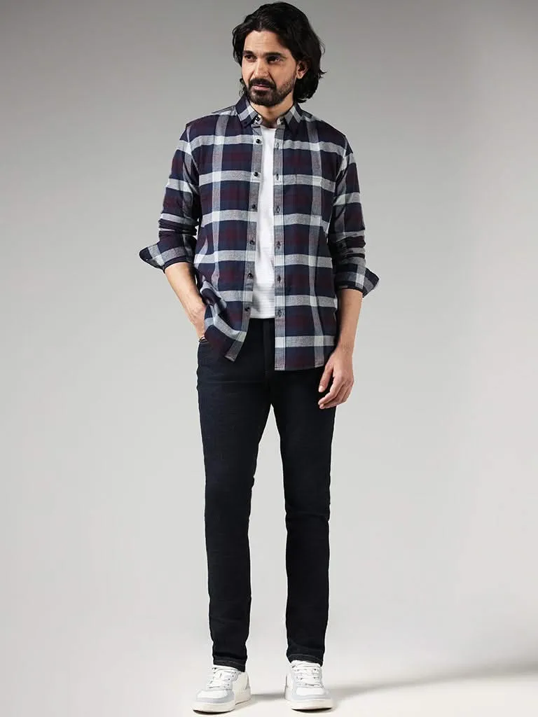 WES Casuals Wine Checked Cotton Slim-Fit Shirt