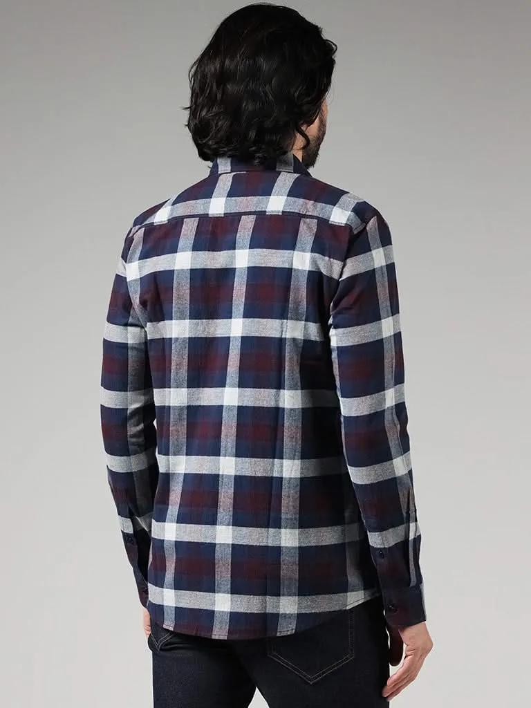 WES Casuals Wine Checked Cotton Slim-Fit Shirt