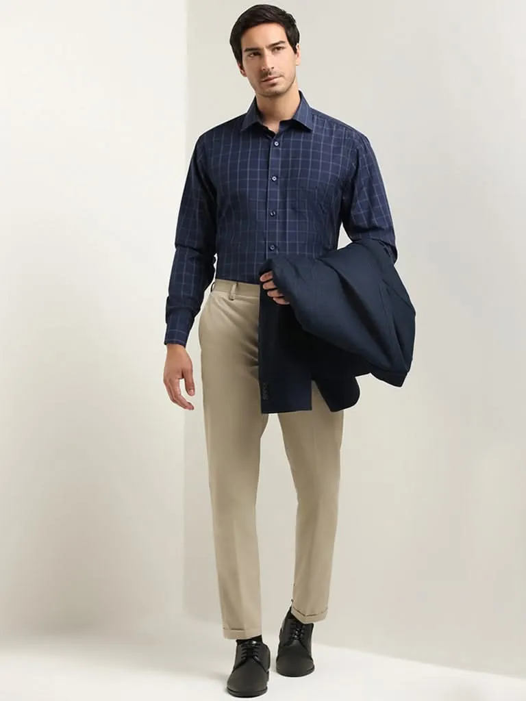 WES Formals Navy Checked Relaxed Fit Shirt