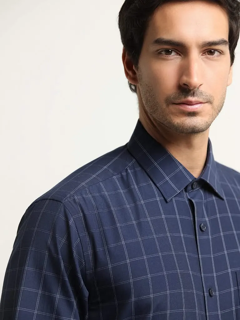 WES Formals Navy Checked Relaxed Fit Shirt