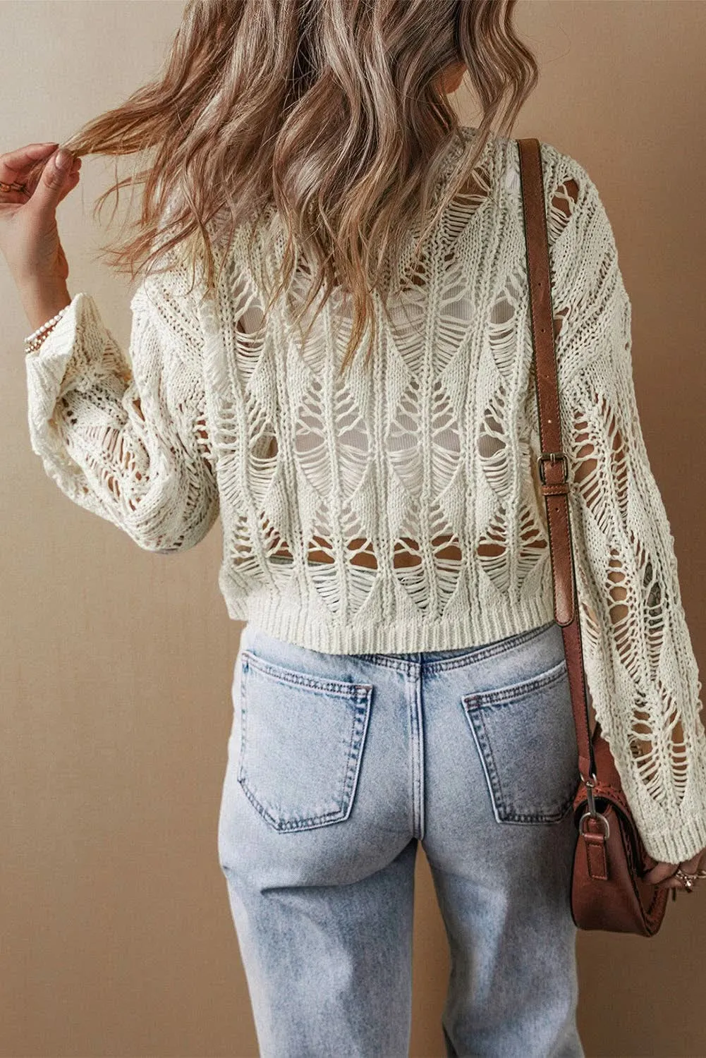 White Cut-Out Crochet Loose Fit Sweater