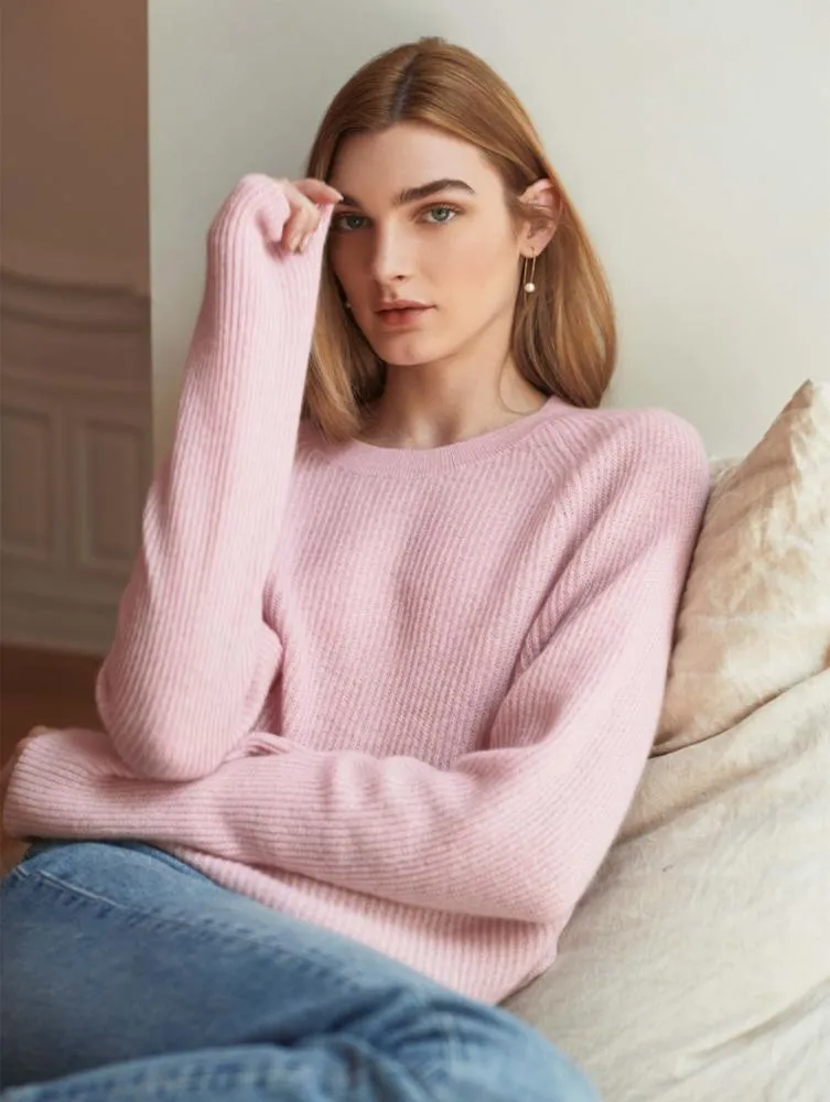 White   Warren - Cashmere Ribbed Crewneck in Blush Heather