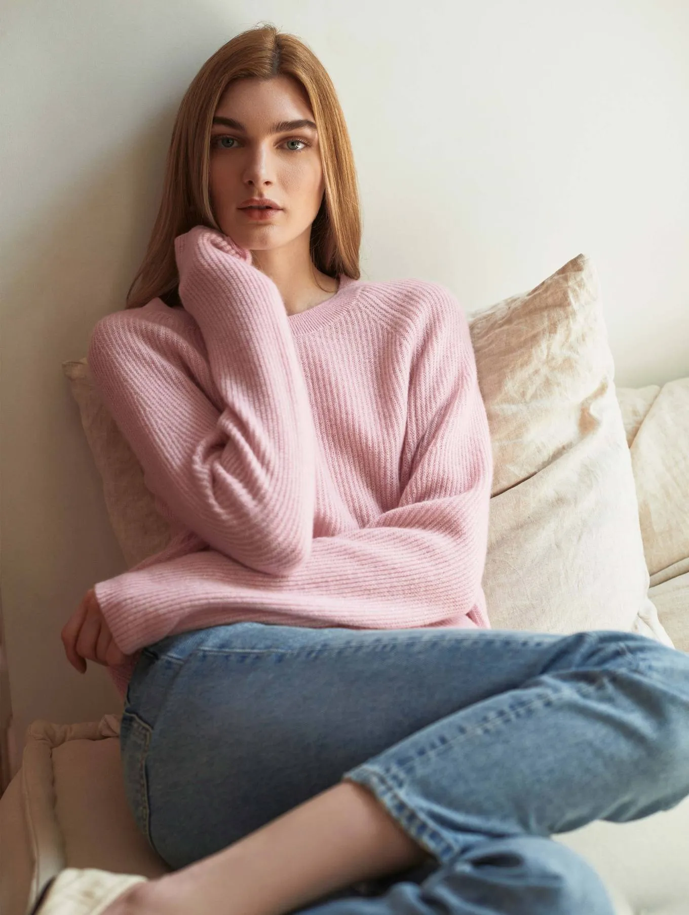 White   Warren - Cashmere Ribbed Crewneck in Blush Heather