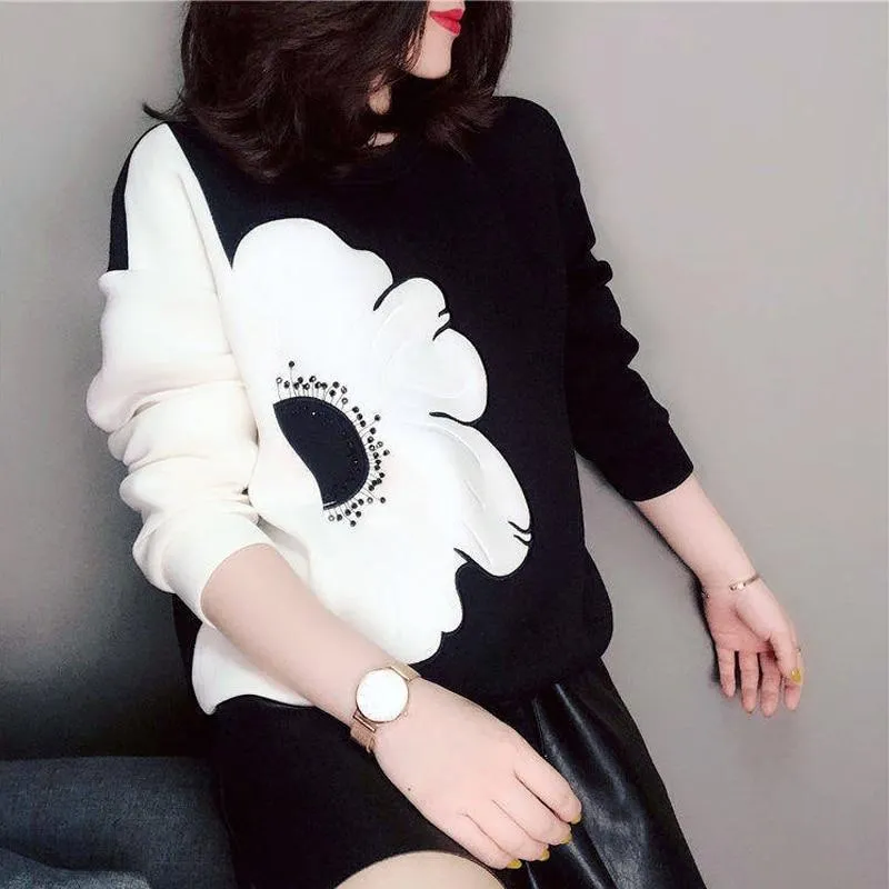 Women Big Floral Round Neck Long Sleeve Pullover Sweat