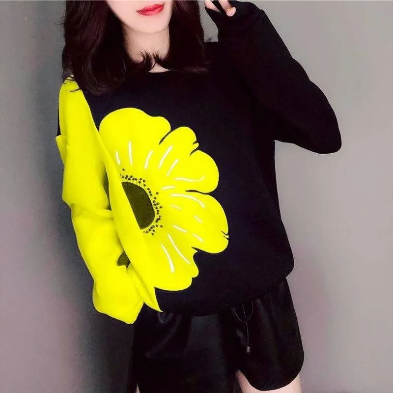 Women Big Floral Round Neck Long Sleeve Pullover Sweat