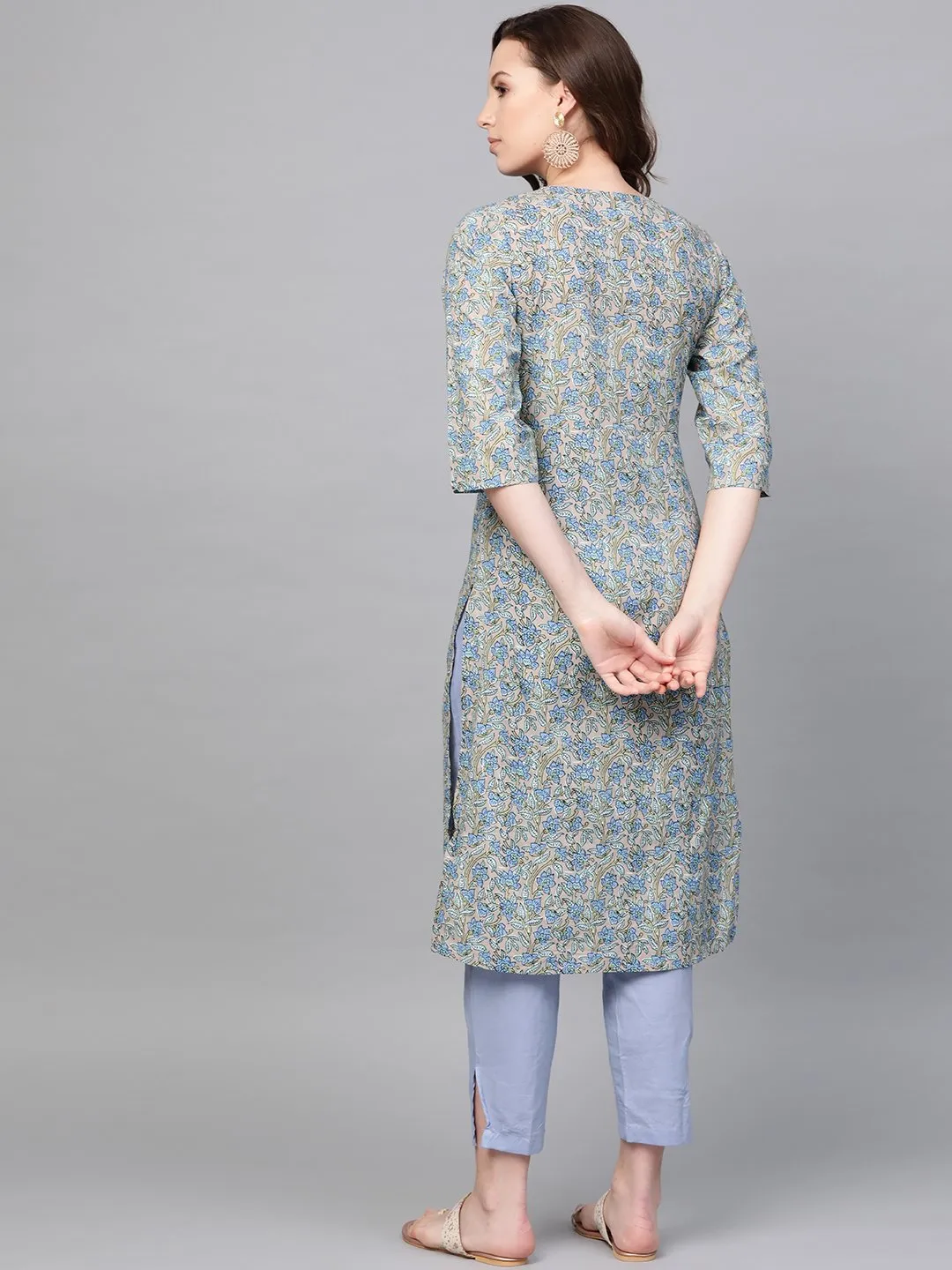 Women Blue Three-Quarter Sleeves Printed Straight Pure Cotton Kurta With Trouser Set