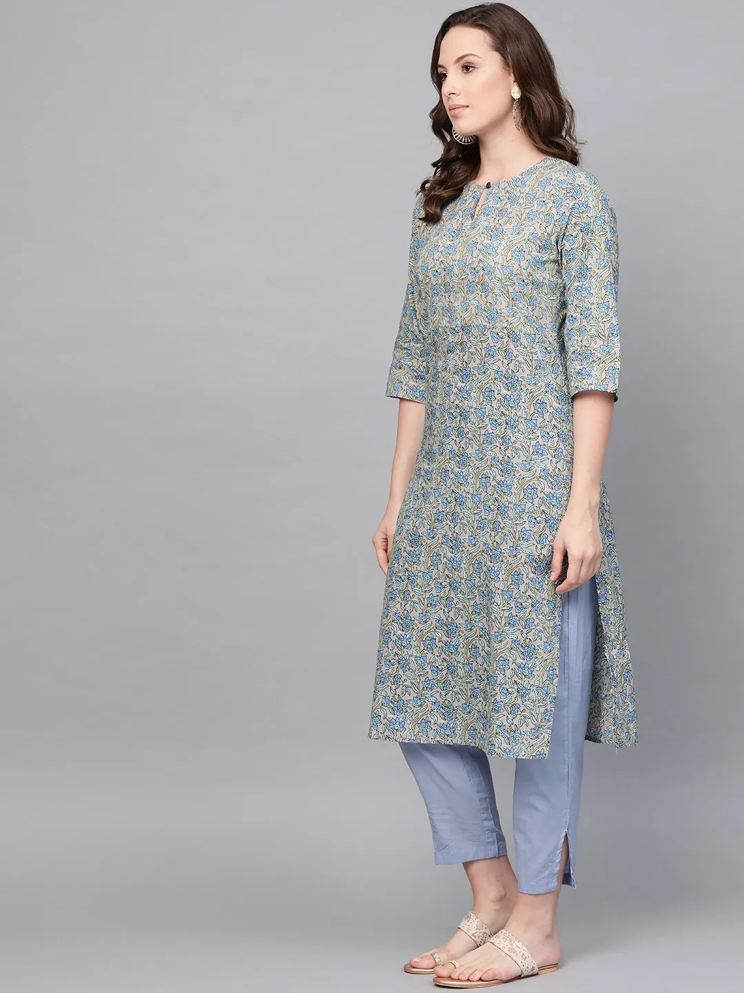 Women Blue Three-Quarter Sleeves Printed Straight Pure Cotton Kurta With Trouser Set