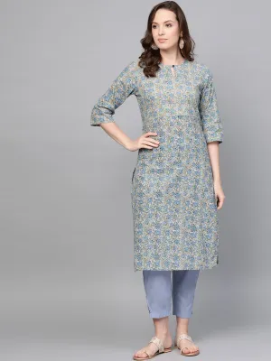 Women Blue Three-Quarter Sleeves Printed Straight Pure Cotton Kurta With Trouser Set