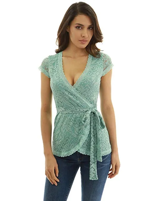 Women Floral Lace Wrap Blouse