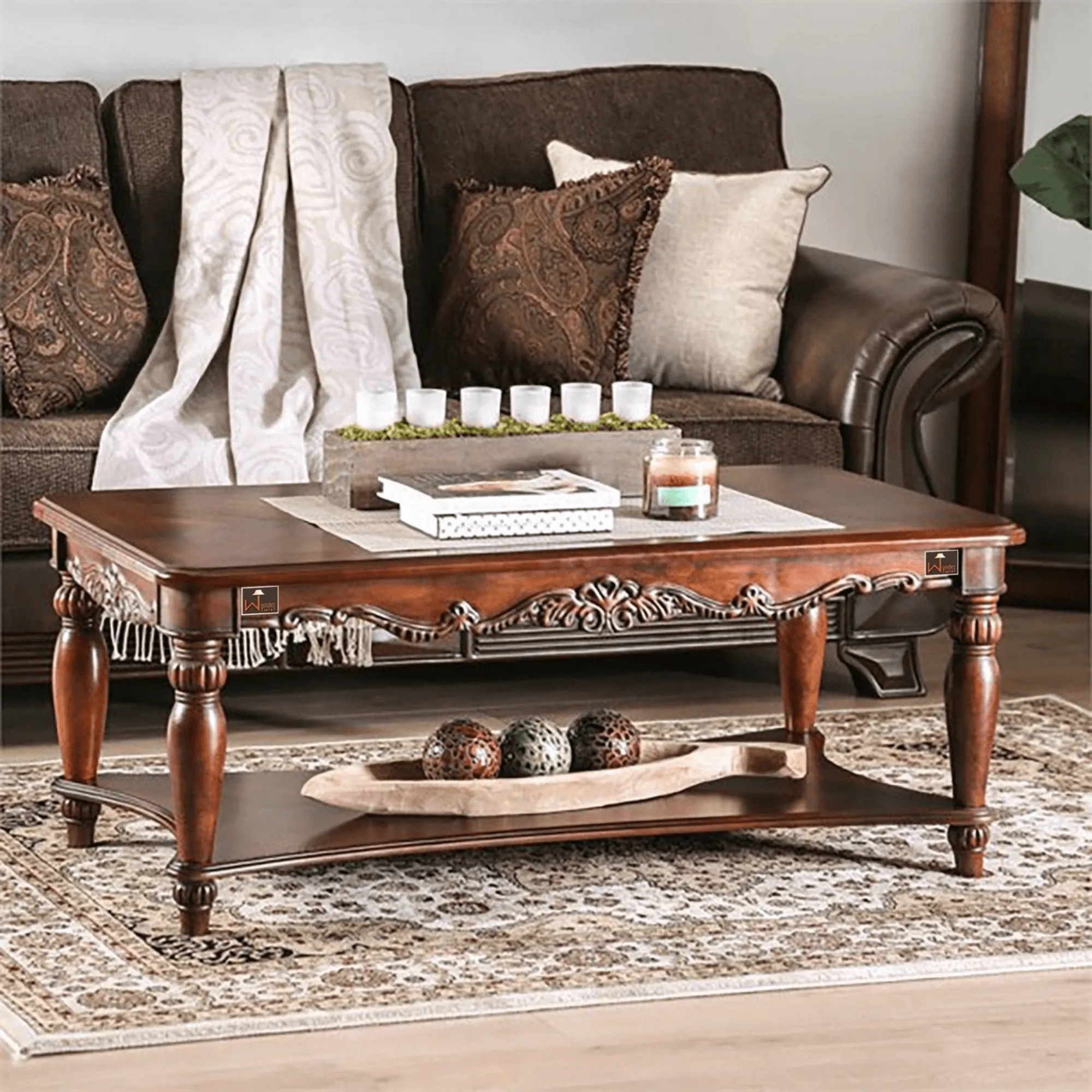 Wooden Twist Traditional Rectangular Hand Carved Teak Wood Coffee Table